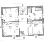 Das Bild zeigt den Grundriss einer Wohnung mit zwei Kinderzimmern, einem Schlafzimmer, einem Bad und einer Diele. Die Kinderzimmer sind ähnlich groß, das Bad befindet sich neben dem Schlafzimmer. An den Rändern sind Maße angegeben.