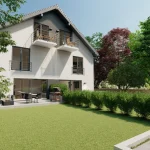 Moderne 3D-Visualisierung eines zweigeschossigen Hauses mit Satteldach und mehreren Balkonen, umgeben von einer grünen Gartenlandschaft, Bäumen und einer Hecke am Eingang. Am Haus angrenzend eine Terrasse mit Sitzgelegenheiten. Rechts im Bild ein weißes Auto auf der Auffahrt. Der Kontext "Projekt Buch a. Ammersee" deutet auf einen Ort oder Zweck des Entwurfs hin.