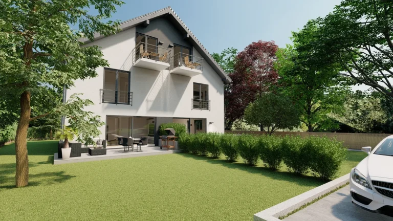 Visualisierung Wohntraum am Ammersee Moderner, heller, freistehender Wohnbau zeigt Terrassen, Balkone und gepflegten Garten am Ammersee.