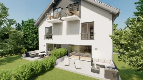 Das Bild zeigt eine moderne Villa am Ammersee mit zwei Stockwerken und mehreren Balkonen. Eine großzügige Terrasse mit Lounge-Möbeln ist im grünen Garten angelegt. Weiß verputzte Wände und eine klassische Dachform dominieren die Architektur.