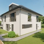 Visualisierung eines modernen Doppelhauses in grüner Landschaft, schwarzem Dach, weißen Fassaden, grauen Fensterumrahmungen, kleinem Balkon und umgebender Gartenanlage. "Projekt Buch a. Ammersee V01 Ansicht03" deutet auf eine Planung hin.