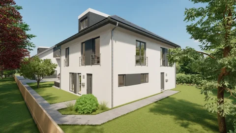 Visualisierung eines modernen Doppelhauses in grüner Landschaft, schwarzem Dach, weißen Fassaden, grauen Fensterumrahmungen, kleinem Balkon und umgebender Gartenanlage. 