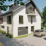 3D-Visualisierung eines modernen, weißen Hauses mit grauen Akzenten am Ammersee. Das zweistöckige Gebäude hat ein Satteldach, Balkone und umgeben von Grünflächen und Autos auf der Auffahrt.