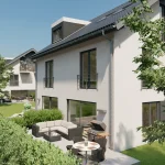 Das Bild zeigt eine moderne Wohnanlage am Ammersee. Dargestellt sind helle, mehrgeschossige Gebäude mit großen Fenstern und Balkonen. Im Vordergrund ist eine gepflegte Gartenlandschaft mit Lounge-Möbeln und Grillplatz.