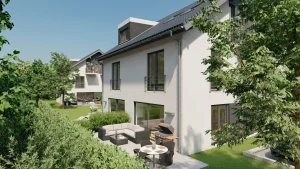 Das Bild zeigt eine moderne Wohnanlage am Ammersee. Dargestellt sind helle, mehrgeschossige Gebäude mit großen Fenstern und Balkonen. Im Vordergrund ist eine gepflegte Gartenlandschaft mit Lounge-Möbeln und Grillplatz.