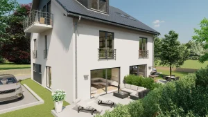 Ein modernes zweistöckiges Haus mit Satteldach, großer Terrasse und Balkonen. Ein Auto steht vor dem Haus. Hinter dem Haus sieht man eine gepflegte Gartenlandschaft mit Bäumen und Büschen.