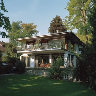 Ein modernes Haus mit klarer Linienführung, großem Garten und üppiger Begrünung, wahrscheinlich in einer attraktiven Gegend wie Ammersee oder Wörthsee bei Herrsching. Ideal für den Verkauf.