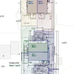 Der Plan zeigt die Aufteilung verschiedener Häuser und Grundstücke an der Adresse "An der Seeleite 4". Es sind die Positionen und Grundflächen mehrerer Gebäude (Haus 1 bis 4) dargestellt, sowie deren jeweilige Größen in Quadratmetern.