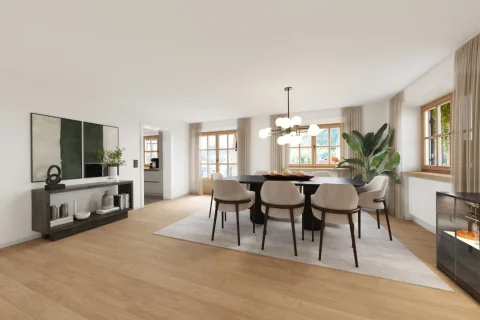 Elegantes Zuhause: Beispiel modernen Wohnens Ein modernes Wohnzimmer mit Essbereich: Helle Wände, Holzboden, großer Esstisch mit Stühlen, Gemälde, Pflanzen, Fenster mit Gartenblick und stilvolle Beleuchtung. In der Nähe eine eingebaute Feuerstelle und ein Übergang zur Küche.