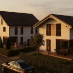 Auf dem Bild sind zwei moderne Einfamilienhäuser (EFH) im Doppelhausstil (DH) zu sehen. Beide haben weiße Fassaden und dunkle Dächer. Im Vordergrund stehen zwei Autos. Menschen sind sichtbar – eine Mutter mit Kind und ein Mann auf einer Terrasse.