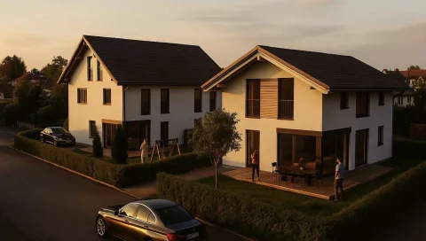 Visualisierung Doppelhaus und Einfamilienhaus bei Nacht Auf dem Bild sind zwei moderne Einfamilienhäuser (EFH) im Doppelhausstil (DH) zu sehen. Beide haben weiße Fassaden und dunkle Dächer. Im Vordergrund stehen zwei Autos. Menschen sind sichtbar – eine Mutter mit Kind und ein Mann auf einer Terrasse.
