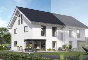 Elegantes Doppelhaus mit modernem Design und Garten Das Bild zeigt ein modernes weißes Doppelhaus mit dunklem Satteldach. Die Ansicht präsentiert einen gut gepflegten Garten, eine Terrasse mit Möbeln, stilvollen Außenpflanzen und ein geparktes Auto.