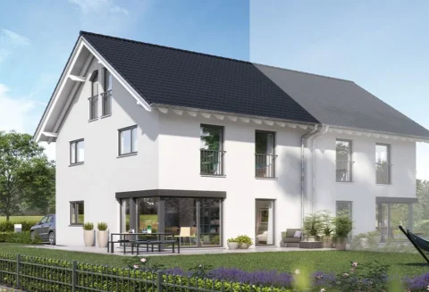 Elegantes Doppelhaus mit modernem Design und Garten Das Bild zeigt ein modernes weißes Doppelhaus mit dunklem Satteldach. Die Ansicht präsentiert einen gut gepflegten Garten, eine Terrasse mit Möbeln, stilvollen Außenpflanzen und ein geparktes Auto.