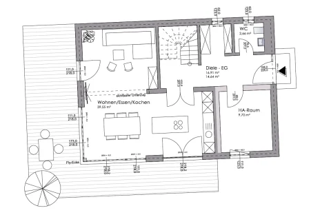 Grundriss EG: Modernes Wohnkonzept für EFH Grundriss EG eines Einfamilienhauses. Wohn-/Essbereich (39,55m²) mit Küche, sichtbarem Unterzug und Tischset. Diele (16,91m²), WC (2,66m²) und HA-Raum (9,70m²) abgebildet.══════════════════════════════════════════════════════════════════════════════════════════════════════════════════════════════════════════════════════════════════════════════════════════════════════════════════════════════════════════════════════════════════ Größenverhältnisse und Raumanordnung klar erkennbar.