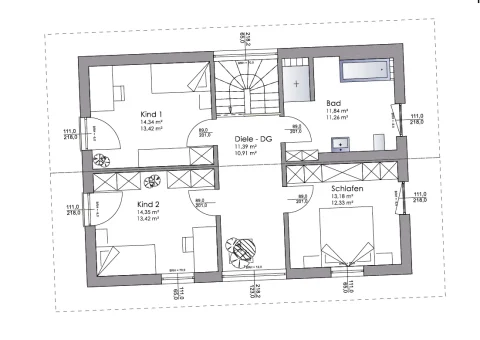 Effizienter Grundriss für Obergeschoss eines Einfamilienhauses Das Bild zeigt den Grundriss des Obergeschosses (OG) eines Einfamilienhauses (EFH). Es enthält Zimmer für Kind 1 und Kind 2, jeweils etwa 13,42 m², ein Schlafzimmer von 12,33 m², ein Badezimmer von 11,26 m² und eine Diele mit 10,91 m². Die Räume sind detailliert mit Möbeln skizziert.