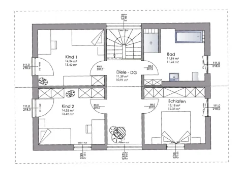 Optimierter Grundriss für EFH Obergeschoss Der Plan zeigt den Obergeschoss-Grundriss eines Einfamilienhauses. Es beinhaltet ein Schlafzimmer, zwei Kinderzimmer, ein großes Bad und eine Diele. Jeder Raum enthält Maßangaben. Zwei Räume sind kreisförmig schraffiert an Wandseiten.