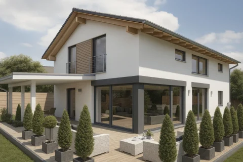 Modernes Einfamilienhaus in Obersendling Moderne Einfamilienvilla in Obersendling mit weißer Fassade, Flachdach, großen Fensterfronten und Holzelementen. Terrasse und Vorgarten sind mit Ziergehölzen und Sitzmöbeln gestaltet.