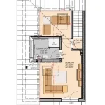 Das Bild zeigt den Grundriss des Dachgeschosses einer Doppelhaushälfte. Es sind Räume wie ein Studio, eine Dusche, ein WC und ein Balkon dargestellt. Verschiedene Flächenangaben geben die Größen der einzelnen Zimmer und des Balkons an.