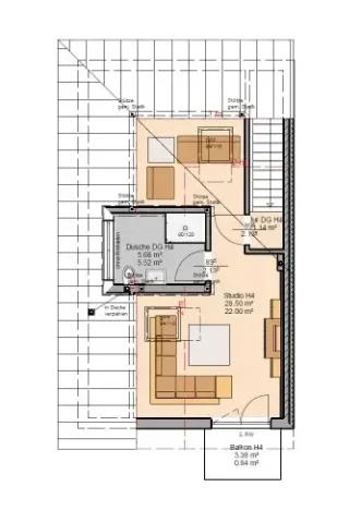 Das Bild zeigt den Grundriss des Dachgeschosses einer Doppelhaushälfte. Es sind Räume wie ein Studio, eine Dusche, ein WC und ein Balkon dargestellt. Verschiedene Flächenangaben geben die Größen der einzelnen Zimmer und des Balkons an.