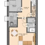 Das Bild zeigt den Grundriss des Kellergeschosses einer Doppelhaushälfte. Links befindet sich ein 7,88 m² großer Keller. Rechts sind ein Vorraum, eine Dusche, ein Hausarbeitsraum und ein großes Zimmer oder Hobbyraum zu sehen.