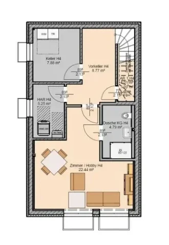 Das Bild zeigt den Grundriss des Kellergeschosses einer Doppelhaushälfte. Links befindet sich ein 7,88 m² großer Keller. Rechts sind ein Vorraum, eine Dusche, ein Hausarbeitsraum und ein großes Zimmer oder Hobbyraum zu sehen.