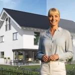 Myriam Goldhofer (Immobilienmaklerin) in einem hellblauen Hemd steht vor einem modernen Doppelhaus. Das Haus hat eine weiße Fassade, ein dunkles Dach und viele Fenster. Im Hintergrund ist eine grüne Wiese und einige Bäume.