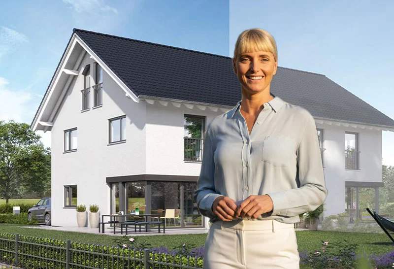 Myriam Goldhofer (Immobilienmaklerin) in einem hellblauen Hemd steht vor einem modernen Doppelhaus. Das Haus hat eine weiße Fassade, ein dunkles Dach und viele Fenster. Im Hintergrund ist eine grüne Wiese und einige Bäume.