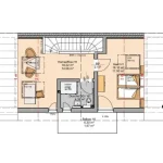 Das Bild zeigt den Grundriss des Dachgeschosses einer Doppelhaushälfte am Ammersee. Es umfasst ein Homeoffice (18,22 m²), ein Schlafzimmer (11,90 m²), ein Bad mit Dusche (4,39 m²) und einen Balkon (6,30 m²).