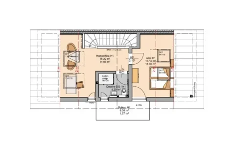 Das Bild zeigt den Grundriss des Dachgeschosses einer Doppelhaushälfte am Ammersee. Es umfasst ein Homeoffice (18,22 m²), ein Schlafzimmer (11,90 m²), ein Bad mit Dusche (4,39 m²) und einen Balkon (6,30 m²).