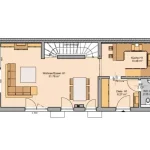 Das Bild zeigt den Grundriss einer Doppelhaushälfte im Erdgeschoss. Es enthält ein großes Wohn- und Esszimmer (31,78 m²), eine Küche (10,48 m²), ein WC (2,35 m²), eine Diele (6,27 m²) sowie Terrassentüren, die zu einer Außenterrasse führen.