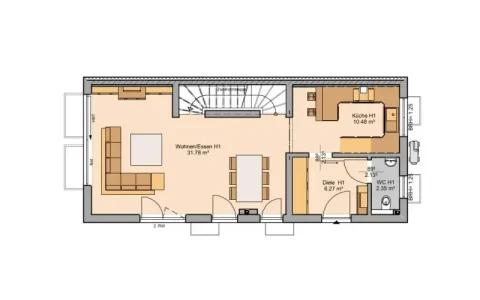 Das Bild zeigt den Grundriss einer Doppelhaushälfte im Erdgeschoss. Es enthält ein großes Wohn- und Esszimmer (31,78 m²), eine Küche (10,48 m²), ein WC (2,35 m²), eine Diele (6,27 m²) sowie Terrassentüren, die zu einer Außenterrasse führen.