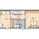 Das Bild zeigt den Grundriss des Obergeschosses einer Doppelhaushälfte. Es umfasst ein Kinderzimmer (17.38 m²), ein Schlafzimmer (20.14 m²), beide mit Zugang zu einem Balkon, ein Badezimmer (7.76 m²) mit Dusche sowie einen Flur (4.56 m²).