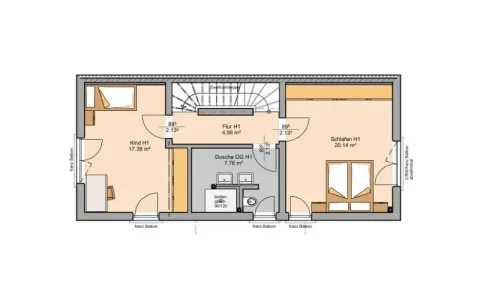 Das Bild zeigt den Grundriss des Obergeschosses einer Doppelhaushälfte. Es umfasst ein Kinderzimmer (17.38 m²), ein Schlafzimmer (20.14 m²), beide mit Zugang zu einem Balkon, ein Badezimmer (7.76 m²) mit Dusche sowie einen Flur (4.56 m²).