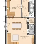 Das Bild zeigt den Grundriss einer Doppelhaushälfte in Inning am Ammersee (Haus 4, Erdgeschoss). Es beinhaltet eine Küche, ein großes Wohn-/Esszimmer, ein WC, ein Arbeitszimmer, Flur und Treppe. Möbel sind schematisch eingezeichnet.