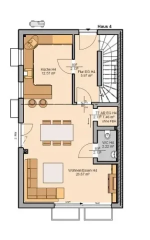 Das Bild zeigt den Grundriss einer Doppelhaushälfte in Inning am Ammersee (Haus 4, Erdgeschoss). Es beinhaltet eine Küche, ein großes Wohn-/Esszimmer, ein WC, ein Arbeitszimmer, Flur und Treppe. Möbel sind schematisch eingezeichnet.