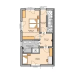 Das Bild zeigt den Grundriss des Obergeschosses einer Doppelhaushälfte in Inning am Ammersee. Es umfasst drei Schlafzimmer, zwei Flure, eine Dusche, einen Balkon und Zugang zu weiteren Etagen. Jedes Zimmer ist detailliert vermessen.