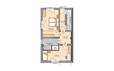 Das Bild zeigt den Grundriss des Obergeschosses einer Doppelhaushälfte in Inning am Ammersee. Es umfasst drei Schlafzimmer, zwei Flure, eine Dusche, einen Balkon und Zugang zu weiteren Etagen. Jedes Zimmer ist detailliert vermessen.