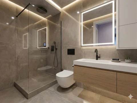 Modernes KI-optimiertes Duschbad Helles, KI-optimiertes Duschbad mit ebenerdiger Dusche, modernen Fliesen und eleganten Armaturen.