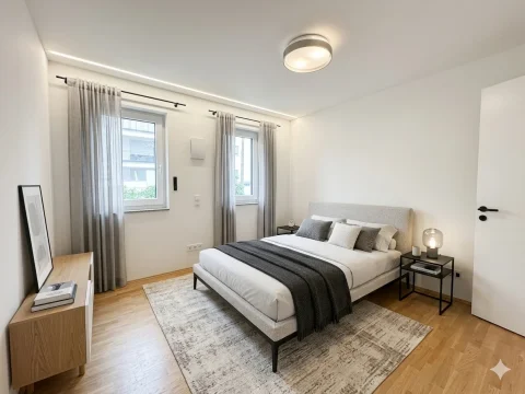 Einrichtungsbeispiel Schlafen Ein stilvoll eingerichtetes, modernes Schlafzimmer mit einem großen Doppelbett, zwei Nachttischen mit Lampen und minimalistischer Dekoration, das eine helle und einladende Atmosphäre schafft.