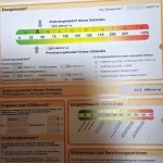 Das Bild zeigt einen deutschen Energieausweis für Wohngebäude mit Daten zum Energiebedarf und CO2-Emissionen. Die Skala reicht von A+ bis H. Der Endenergiebedarf des gezeigten Gebäudes liegt bei 45,9 kWh/(m²*a), angezeigt auf einer gelben Markierung in der Mitte der Skala.