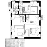 Das Bild zeigt den Grundriss des Erdgeschosses eines Einfamilienhauses (EFH Entwurf Inning). Zu sehen sind eine Küche mit Essbereich, ein Wohnzimmer, ein Gästezimmer, eine Garderobe, das Gäste-WC sowie eine Terrasse mit Sitzplätzen.