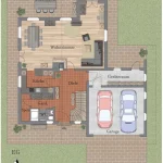 Der Grundriss zeigt das Erdgeschoss eines Hauses in Tegernsee. Es enthält eine große Terrasse, ein Wohnzimmer, Küche, Garderobe, Speisekammer, WC, Dielenbereich und einen Geräteraum. Außerdem gibt es zwei Autos in der Garage.