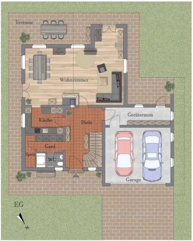 Erdgeschossplan Der Grundriss zeigt das Erdgeschoss eines Hauses in Tegernsee. Es enthält eine große Terrasse, ein Wohnzimmer, Küche, Garderobe, Speisekammer, WC, Dielenbereich und einen Geräteraum. Außerdem gibt es zwei Autos in der Garage.