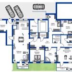 Das Bild zeigt den Grundriss eines Einfamilienhauses. Es enthält eine offene Küche, ein Wohnzimmer, ein Elternschlafzimmer, ein Kinderzimmer und eine Gästesuite. Zusätzlich gibt es noch eine Sauna, ein Bad, eine Waschküche und einen Heizungsraum. Draußen sind eine Frühstücksterrasse und ein überdachter Freizeitbereich.