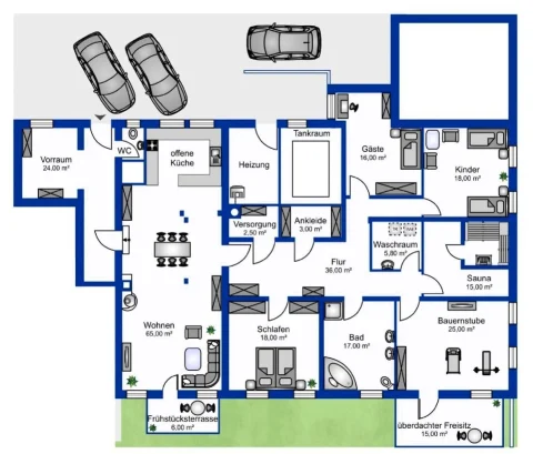 Gartenwohnung Frieding Das Bild zeigt den Grundriss eines Einfamilienhauses. Es enthält eine offene Küche, ein Wohnzimmer, ein Elternschlafzimmer, ein Kinderzimmer und eine Gästesuite. Zusätzlich gibt es noch eine Sauna, ein Bad, eine Waschküche und einen Heizungsraum. Draußen sind eine Frühstücksterrasse und ein überdachter Freizeitbereich.