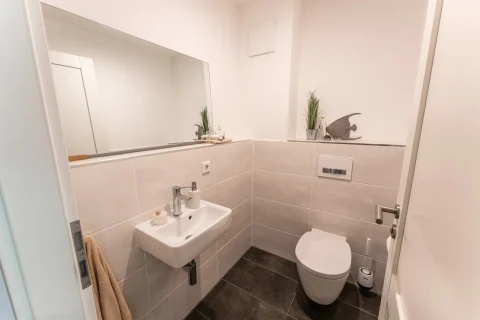 Modernes Gäste-WC in einer Wohnung in Schliersee. Hell und sauber, mit großer Spiegelfläche, Waschbecken, WC und dunklen Bodenfliesen. Dekoration beinhaltet Pflanzen und eine figürliche Deko.