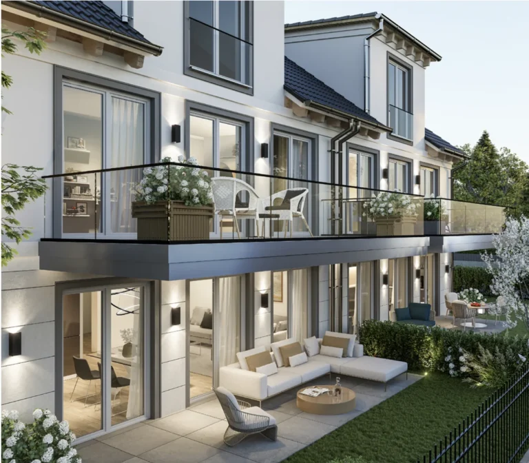 Elegantes Wohnen in Obermenzing: Traumhafte Terrassenwohnung Luxuriöses Mehrfamilienhaus in Obermenzing mit Balkonen, Terrasse und moderner Einrichtung.