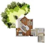 Das Bild zeigt den Grundriss eines Hauses mit angrenzender Gartenfläche. Das Haus umfasst ein Wohnzimmer, eine Küche, ein Schlafzimmer und ein Badezimmer. Der Garten ist mit Rasen und verschiedenen Bäumen gestaltet.