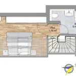 Das Bild zeigt den Grundriss eines Dachgeschosses mit einem Schlafzimmer (20,02 m²) und einem Bad (9,95 m²), getrennt durch einen kleinen Flur (1,10 m²). Im Schlafzimmer sind ein Doppelbett, zwei Nachttische und ein Sessel eingezeichnet. Im Badezimmer sind eine Badewanne, eine Dusche, zwei Waschbecken und ein WC zu sehen.