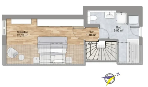 Grundriss des Dachgeschosses in Obermenzing Das Bild zeigt den Grundriss eines Dachgeschosses mit einem Schlafzimmer (20,02 m²) und einem Bad (9,95 m²), getrennt durch einen kleinen Flur (1,10 m²). Im Schlafzimmer sind ein Doppelbett, zwei Nachttische und ein Sessel eingezeichnet. Im Badezimmer sind eine Badewanne, eine Dusche, zwei Waschbecken und ein WC zu sehen.